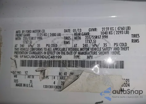 2013 Ford Escape Se z USA, uszkodzony, nr VIN 1FMCU9GX0DUC48199